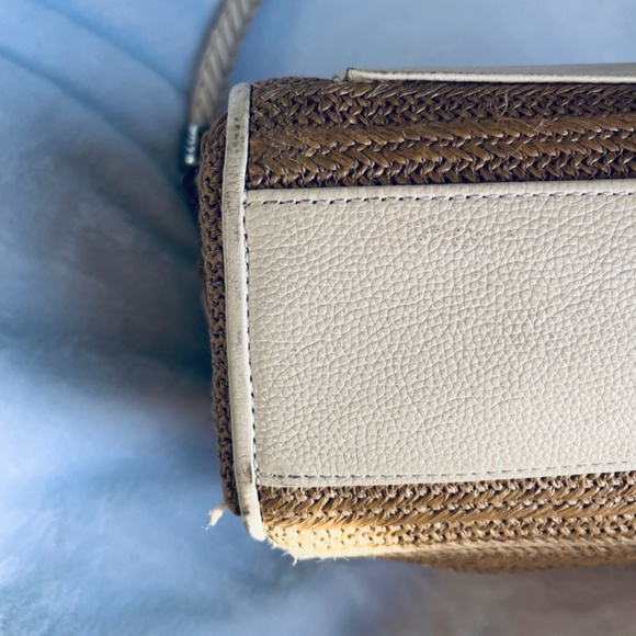 BRIGHTON Cream & Tan Raffia Wicker Genuine Leather Shoulder Bag Tote Purse - Picture 11 of 14